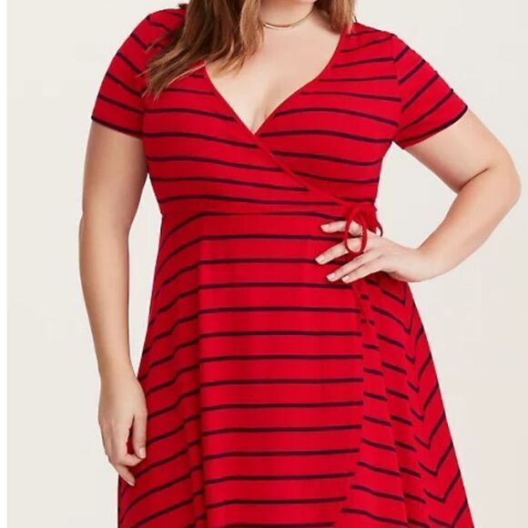 Torrid Women's New Plus Size Stripped Wrap Dress. - Picture 2 of 14